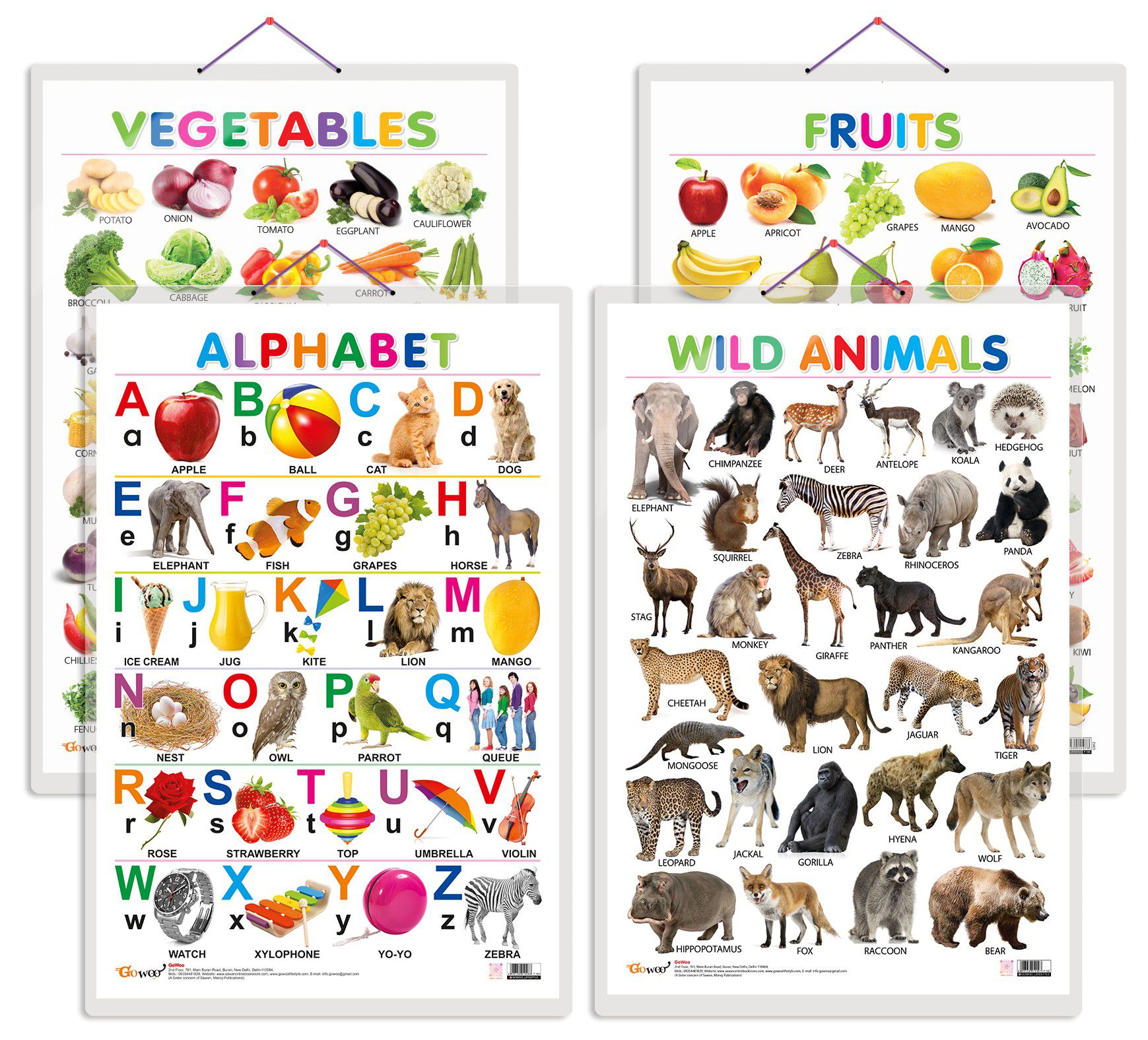     			Set of 4 Alphabet, Fruits, Vegetable and Wild Animals Early Learning Educational Charts for Kids | 20"X30" inch |Non-Tearable and Waterproof | Double Sided Laminated | Perfect for Homeschooling, Kindergarten and Nursery Students
