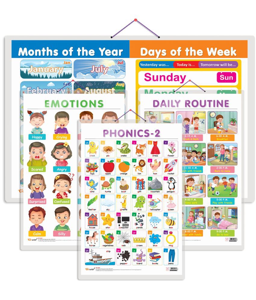     			Set of 4 MONTHS OF THE YEAR AND DAYS OF THE WEEK, EMOTIONS, DAILY ROUTINE and PHONICS - 2 Early Learning Educational Charts for Kids