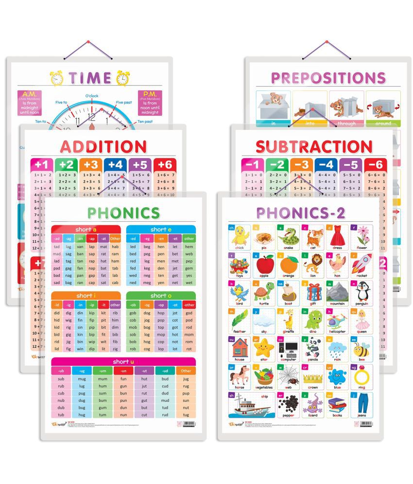     			Set of 6 TIME, SUBTRACTION, ADDITION, PREPOSITIONS, PHONICS - 1 and PHONICS - 2 Early Learning Educational Charts for Kids | 20"X30" inch |Non-Tearable and Waterproof | Double Sided Laminated | Perfect for Homeschooling, Kindergarten and Nursery Students