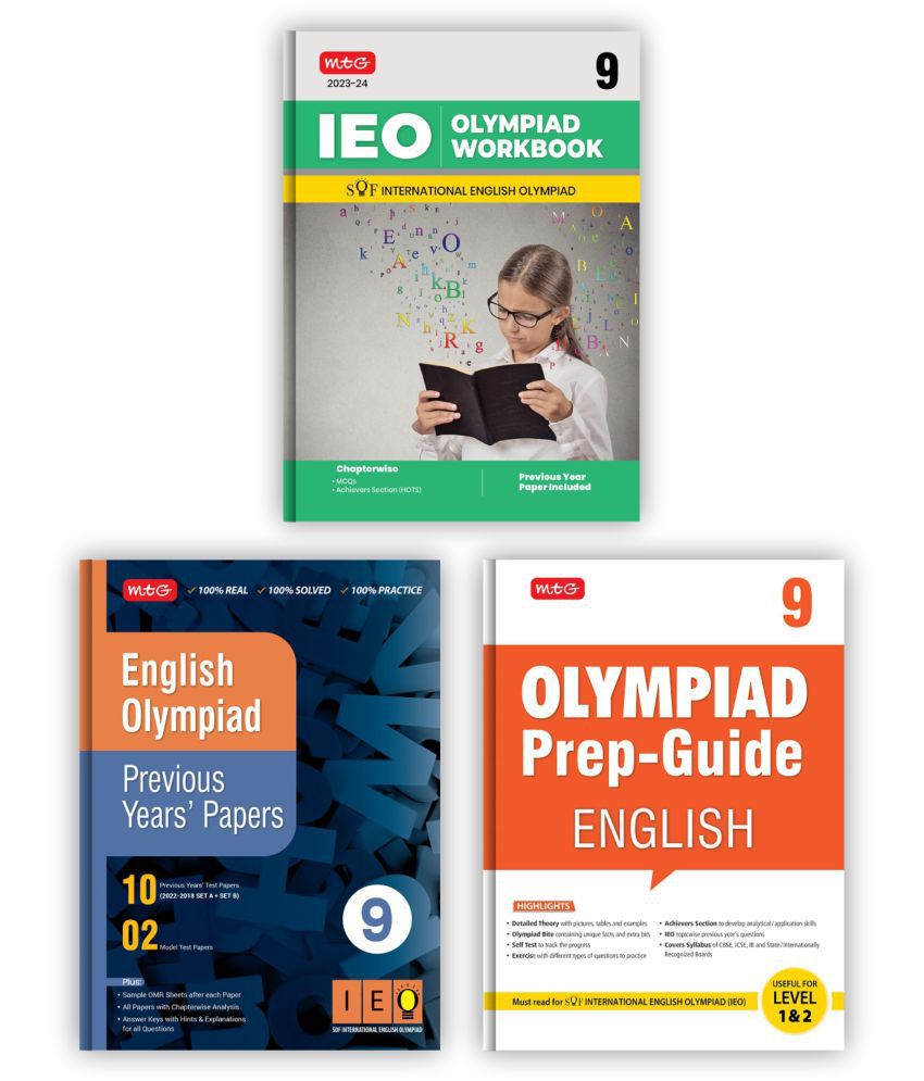     			MTG International English Olympiad (IEO) Workbook, Prep-Guide & Previous Years Papers with Self Test Paper Class 9 - SOF Olympiad Books For 2023-24 Exam (Set of 3 Books)
