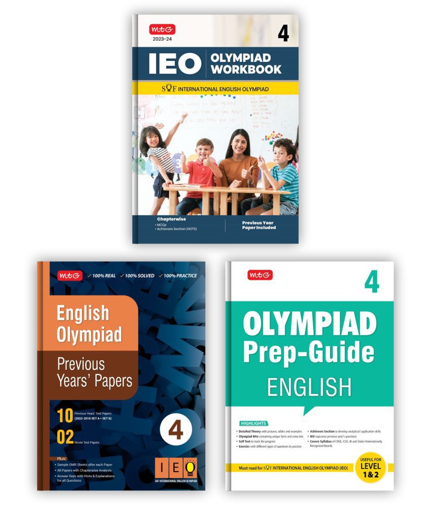     			MTG International English Olympiad (IEO) Workbook, Prep-Guide & Previous Years Papers with Self Test Paper Class 4 - SOF Olympiad Books For 2023-24 Exam (Set of 3 Books)