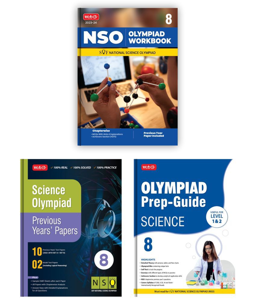     			MTG National Science Olympiad (NSO) Workbook, Prep-Guide & Previous Years Papers with Self Test Paper Class 8 - SOF Olympiad Books For 2023-24 Exam (Set of 3 Books)