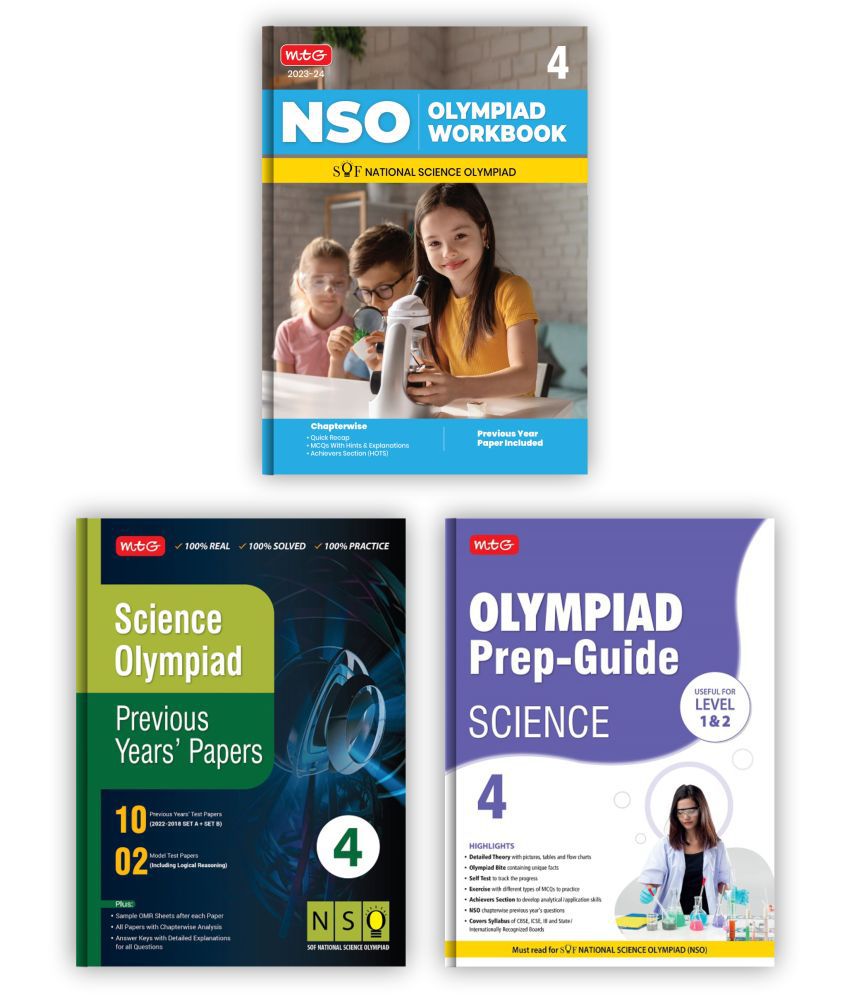     			MTG National Science Olympiad (NSO) Workbook, Prep-Guide & Previous Years Papers with Self Test Paper Class 4 - SOF Olympiad Books For 2023-24 Exam (Set of 3 Books)