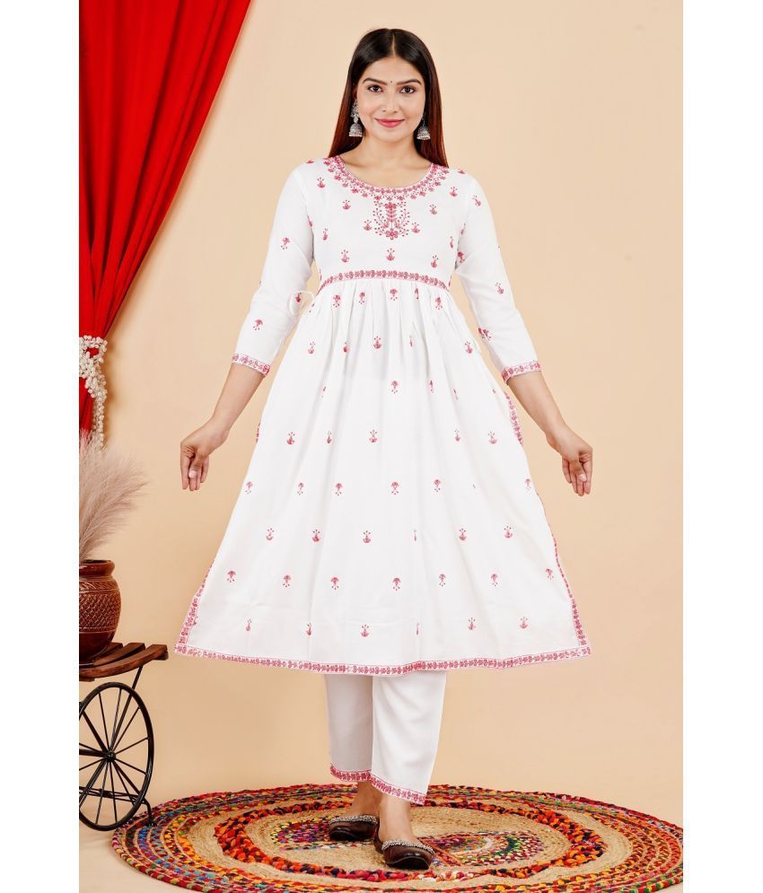     			P PRIYA FASHION - White A-line Rayon Women's Stitched Salwar Suit ( Pack of 1 )