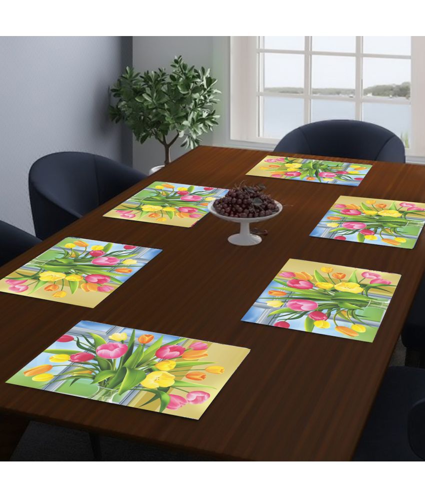     			HOMETALES PVC Floral Rectangle Table Mats (44 cm x 29 cm) Pack of 6 - Green