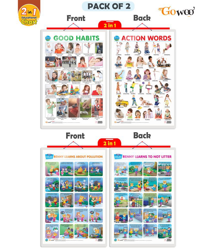     			Set of 2 |2 IN 1 GOOD HABITS AND ACTION WORDS and 2 IN 1 BENNY LEARNS ABOUT POLLUTION AND BENNY LEARNS NOT TO LITTER Early Learning Educational Charts for Kids|