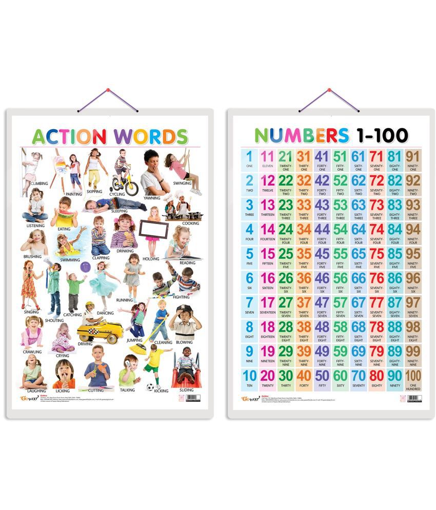     			Set of 2 Action Words and Numbers 1-100 Early Learning Educational Charts for Kids | 20"X30" inch |Non-Tearable and Waterproof | Double Sided Laminated | Perfect for Homeschooling, Kindergarten and Nursery Students