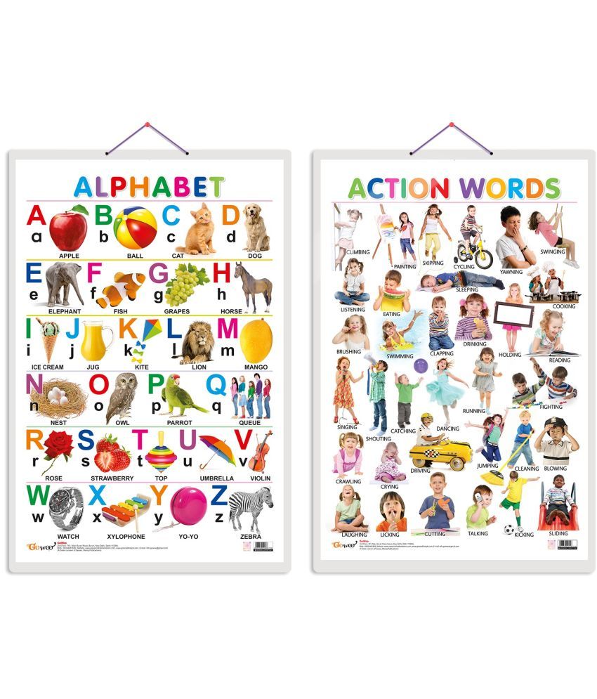     			Set of 2 Alphabet and Action Words Early Learning Educational Charts for Kids | 20"X30" inch |Non-Tearable and Waterproof | Double Sided Laminated | Perfect for Homeschooling, Kindergarten and Nursery Students