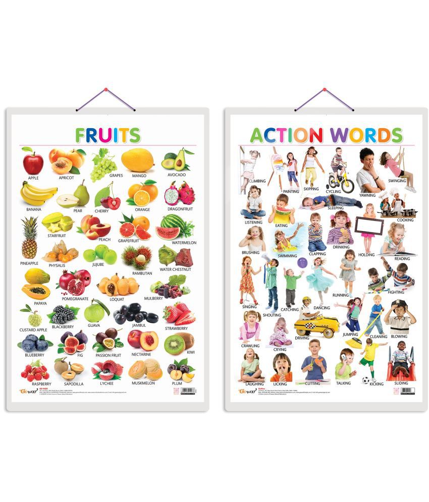     			Set of 2 Fruits and Action Words Early Learning Educational Charts for Kids | 20"X30" inch |Non-Tearable and Waterproof | Double Sided Laminated | Perfect for Homeschooling, Kindergarten and Nursery Students