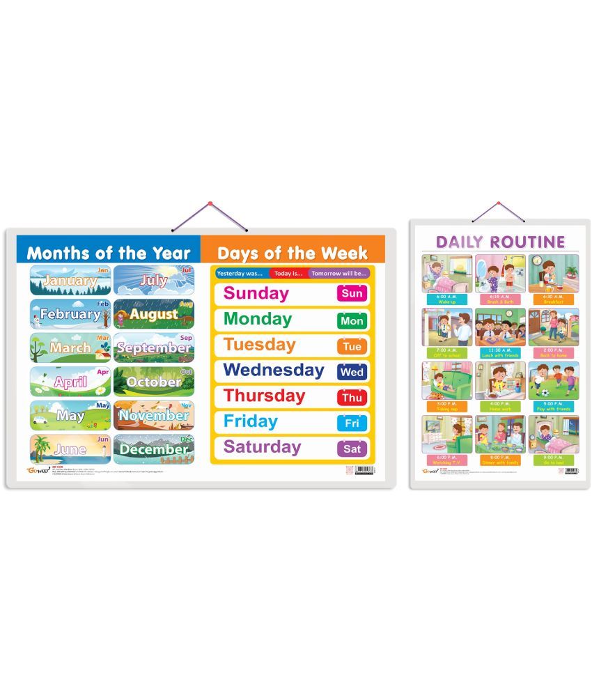     			Set of 2 MONTHS OF THE YEAR AND DAYS OF THE WEEK and DAILY ROUTINE Early Learning Educational Charts for Kids | 20"X30" inch |Non-Tearable and Waterproof | Double Sided Laminated | Perfect for Homeschooling, Kindergarten and Nursery Students