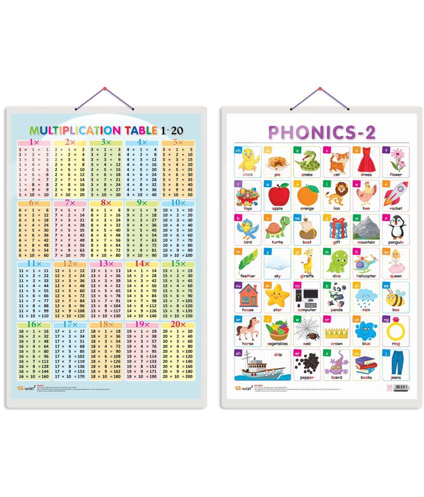     			Set of 2 Multiplication Table 1-20 and PHONICS - 2 Early Learning Educational Charts for Kids | 20"X30" inch |Non-Tearable and Waterproof | Double Sided Laminated | Perfect for Homeschooling, Kindergarten and Nursery Students