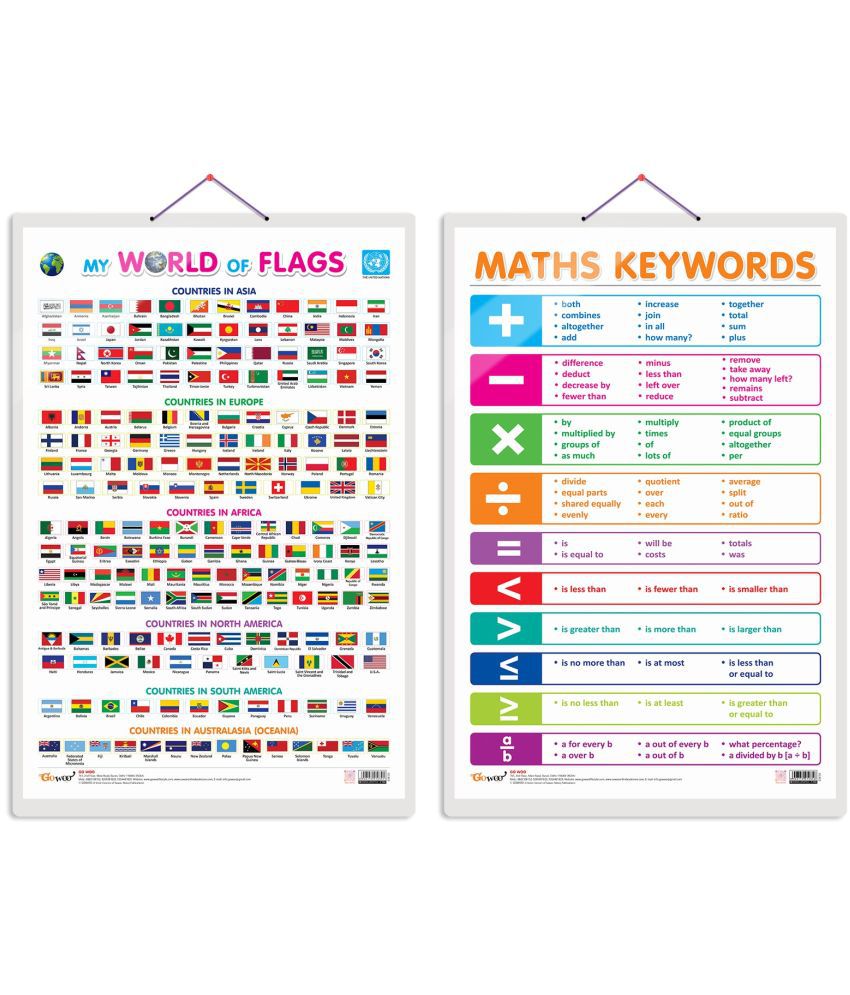     			Set of 2 My World of Flags and MATHS KEYWORDS Early Learning Educational Charts for Kids | 20"X30" inch |Non-Tearable and Waterproof | Double Sided Laminated | Perfect for Homeschooling, Kindergarten and Nursery Students