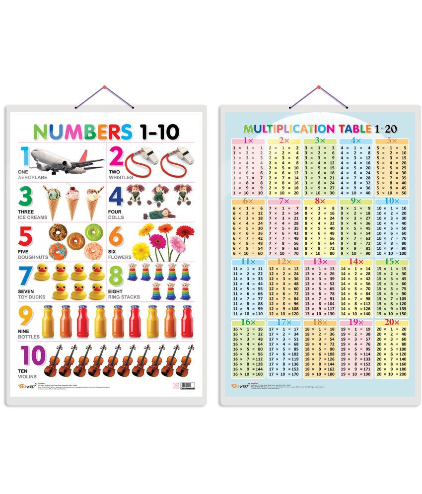     			Set of 2 Numbers 1-10 and Multiplication Table 1-20 Early Learning Educational Charts for Kids | 20"X30" inch |Non-Tearable and Waterproof | Double Sided Laminated | Perfect for Homeschooling, Kindergarten and Nursery Students