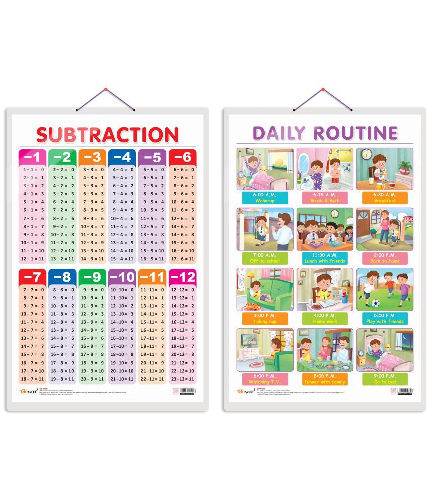     			Set of 2 SUBTRACTION and DAILY ROUTINE Early Learning Educational Charts for Kids | 20"X30" inch |Non-Tearable and Waterproof | Double Sided Laminated | Perfect for Homeschooling, Kindergarten and Nursery Students