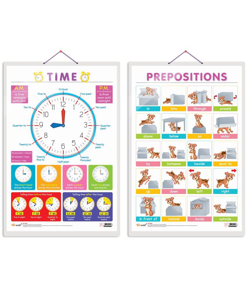     			Set of 2 TIME and PREPOSITIONS Early Learning Educational Charts for Kids | 20"X30" inch |Non-Tearable and Waterproof | Double Sided Laminated | Perfect for Homeschooling, Kindergarten and Nursery Students