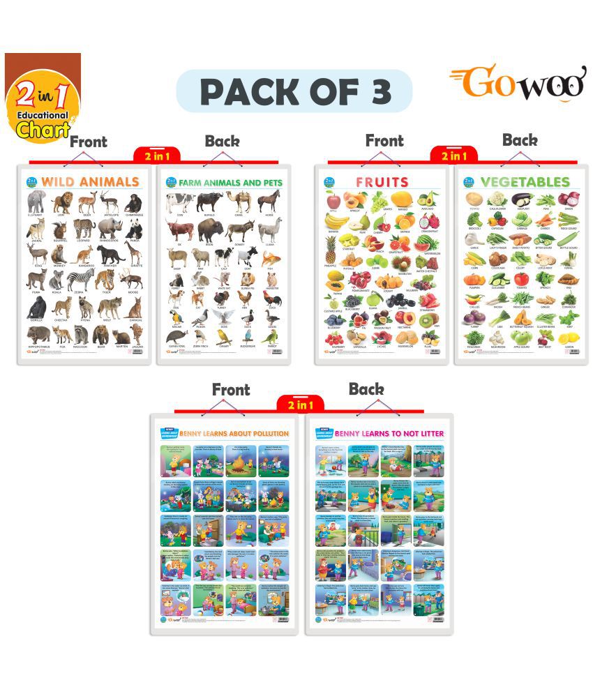     			Set of 3 |2 IN 1 FRUITS AND VEGETABLES, 2 IN 1 WILD AND FARM ANIMALS & PETS and 2 IN 1 BENNY LEARNS ABOUT POLLUTION AND BENNY LEARNS NOT TO LITTER  Early Learning Educational Charts for Kids