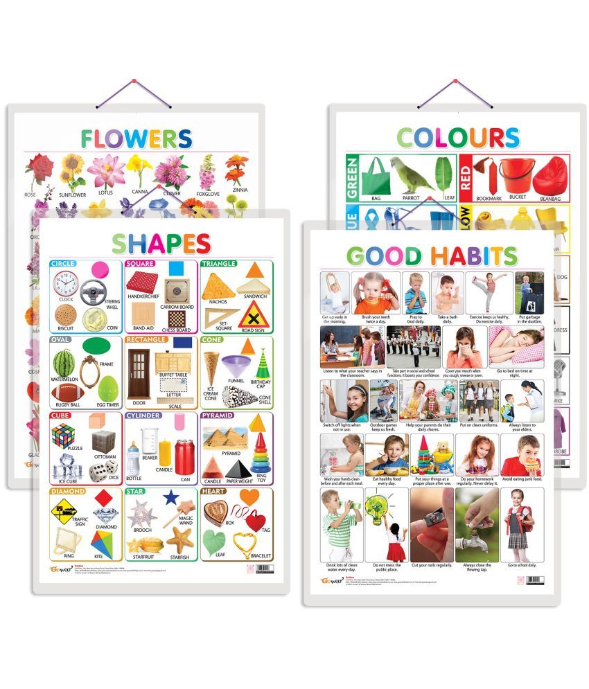     			Set of 4 Flowers, Colours, Shapes and Good Habits Early Learning Educational Charts for Kids | 20"X30" inch |Non-Tearable and Waterproof | Double Sided Laminated | Perfect for Homeschooling, Kindergarten and Nursery Students