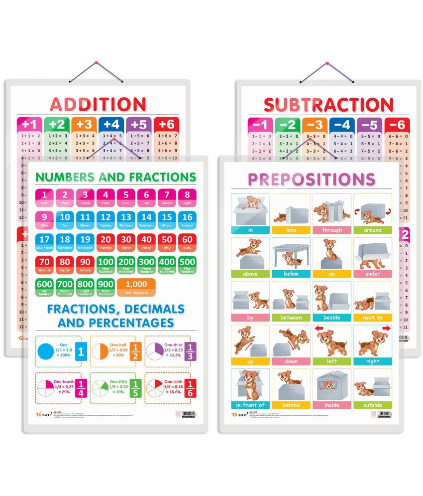     			Set of 4 SUBTRACTION, ADDITION, NUMBERS AND FRACTIONS and PREPOSITIONS Early Learning Educational Charts for Kids | 20"X30" inch |Non-Tearable and Waterproof | Double Sided Laminated | Perfect for Homeschooling, Kindergarten and Nursery Students