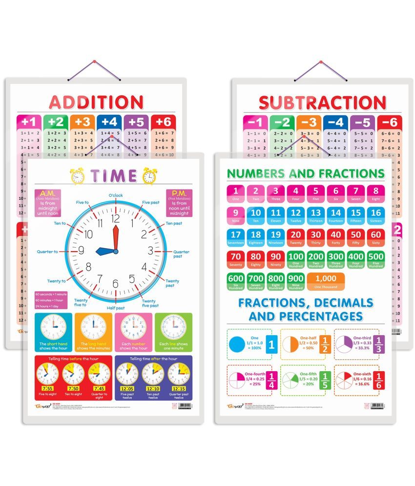     			Set of 4 TIME, SUBTRACTIONm, ADDITION and NUMBERS AND FRACTIONS Early Learning Educational Charts for Kids | 20"X30" inch |Non-Tearable and Waterproof | Double Sided Laminated | Perfect for Homeschooling, Kindergarten and Nursery Students