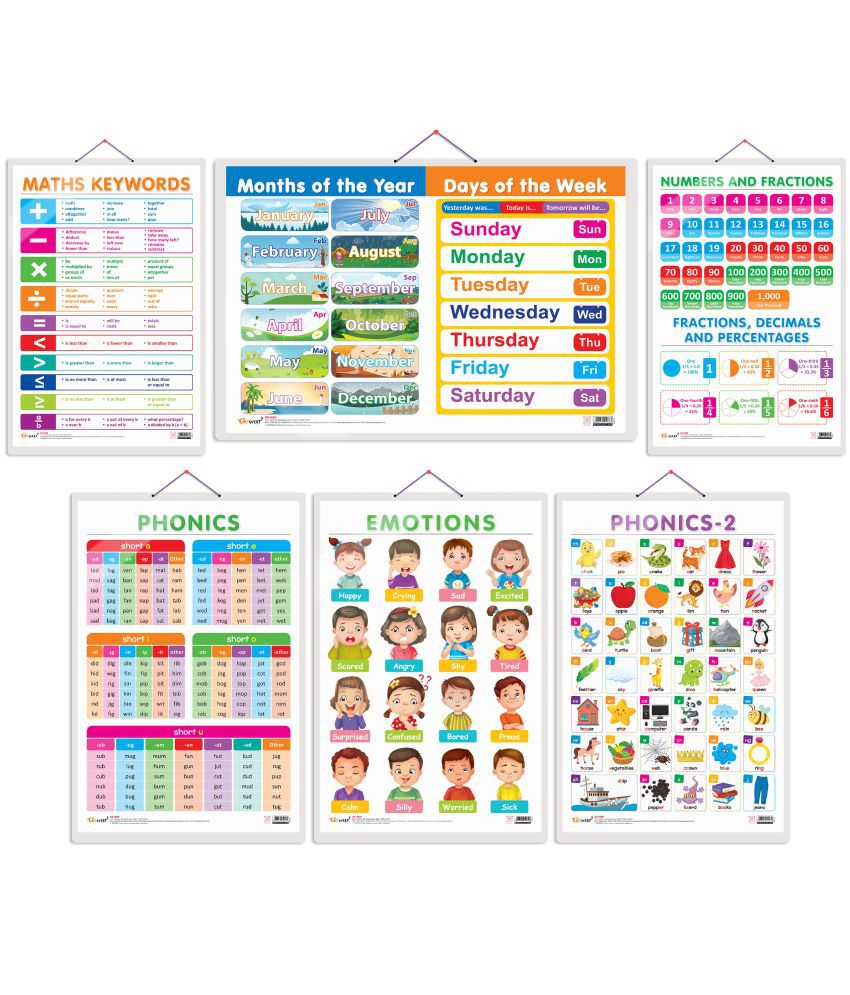     			Set of 6 NUMBERS AND FRACTIONS, MATHS KEYWORDS, MONTHS OF THE YEAR AND DAYS OF THE WEEK, EMOTIONS, PHONICS - 1 and PHONICS - 2  Early Learning Educational Charts for Kids