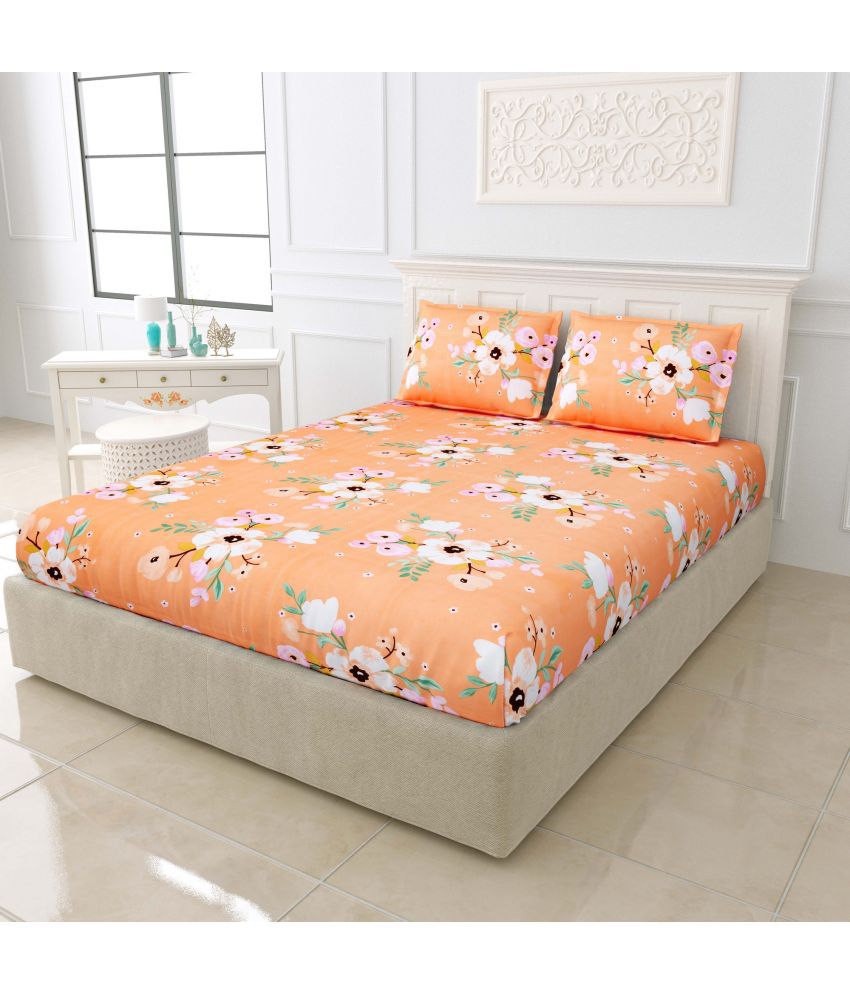     			Idalia Home Glace Cotton Floral Double Bedsheet with 2 Pillow Covers - Orange