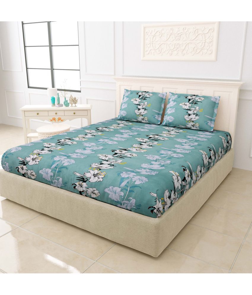     			Idalia Home Glace Cotton Floral Double Bedsheet with 2 Pillow Covers - Green