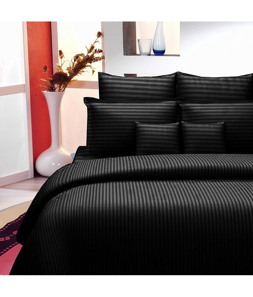     			Idalia Home Satin Vertical Striped Double Bedsheet with 2 Pillow Covers - Black