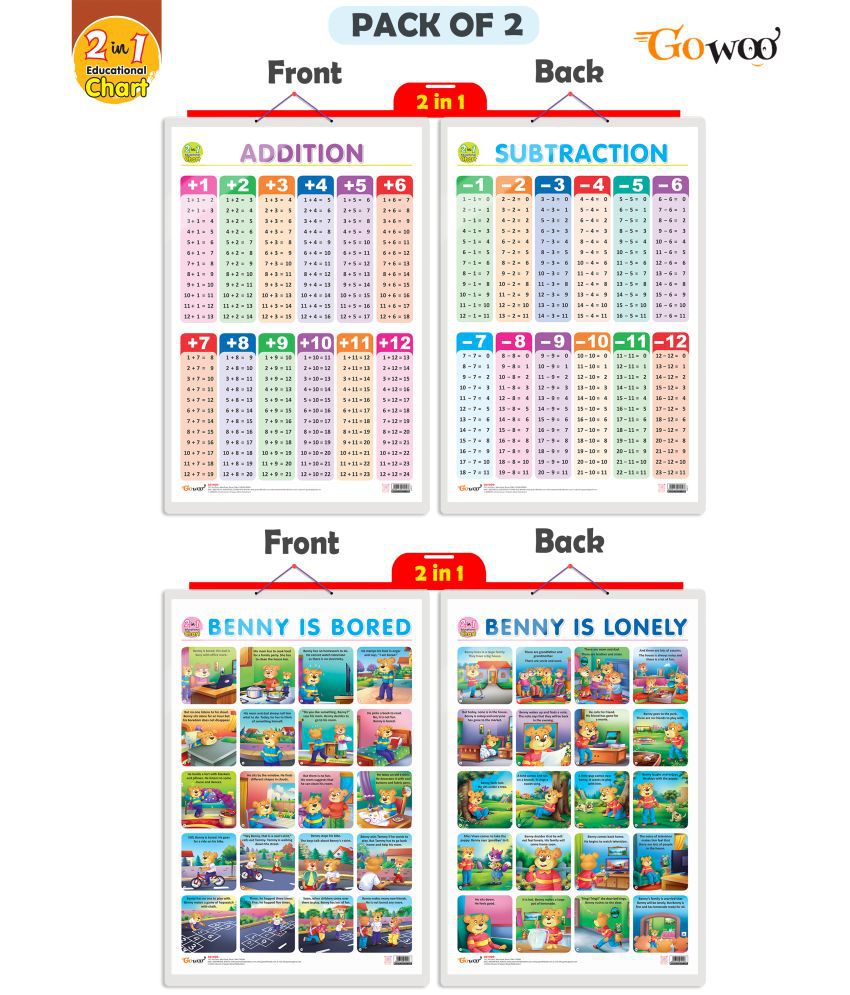     			Set of 2 |2 IN 1 ADDITION AND SUBTRACTION and 2 IN 1 BENNY IS BORED AND BENNY IS LONELY Early Learning Educational Charts for Kids|