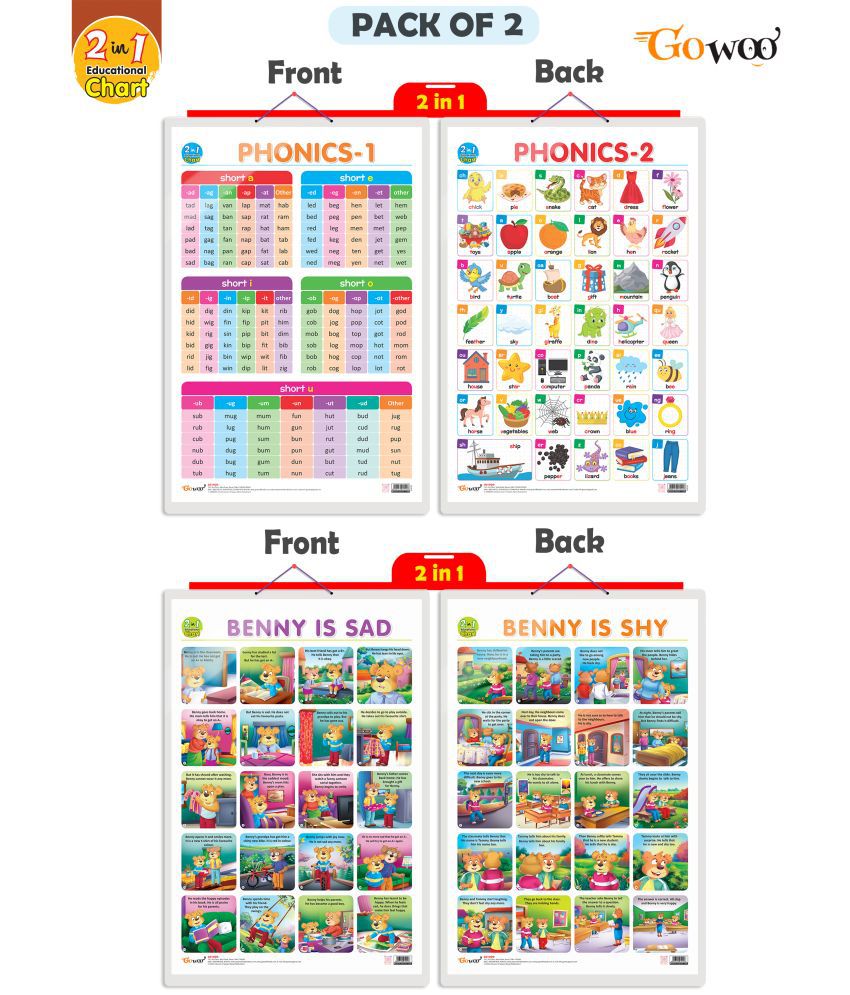     			Set of 2 |2 IN 1 PHONICS 1 AND PHONICS 2 and 2 IN 1 BENNY IS SAD AND BENNY IS SHY  Early Learning Educational Charts for Kids |