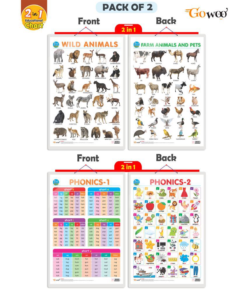     			Set of 2 |2 IN 1 WILD AND FARM ANIMALS & PETS and 2 IN 1 PHONICS 1 AND PHONICS 2 Early Learning Educational Charts for Kids|  20"X30" inch |Non-Tearable and Waterproof| Double Sided Laminated | Perfect for Homeschooling, Kindergarten and Nursery Students