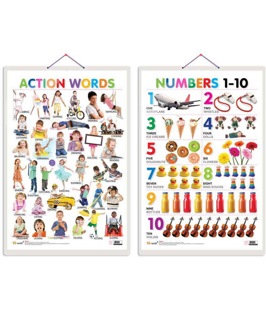     			Set of 2 Action Words and Numbers 1-10 Early Learning Educational Charts for Kids | 20"X30" inch |Non-Tearable and Waterproof | Double Sided Laminated | Perfect for Homeschooling, Kindergarten and Nursery Students