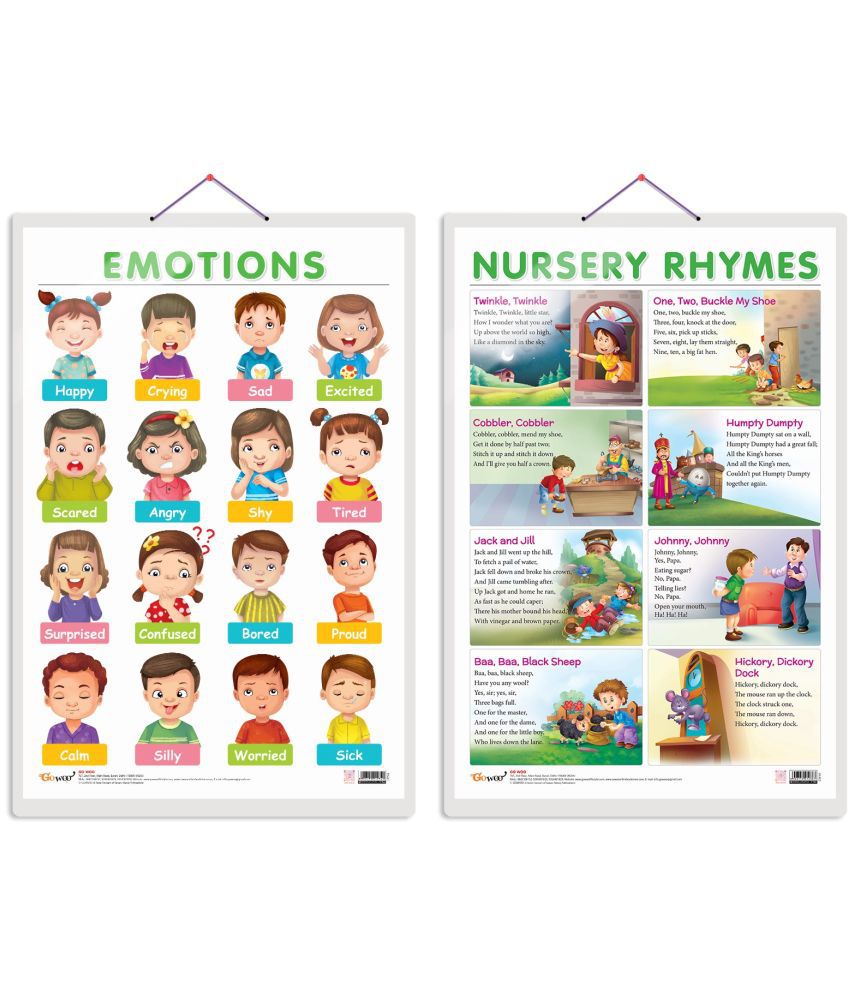     			Set of 2 EMOTIONS and NURSERY RHYMES Early Learning Educational Charts for Kids | 20"X30" inch |Non-Tearable and Waterproof | Double Sided Laminated | Perfect for Homeschooling, Kindergarten and Nursery Students