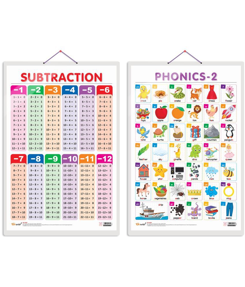     			Set of 2 SUBTRACTION and PHONICS - 2 Early Learning Educational Charts for Kids | 20"X30" inch |Non-Tearable and Waterproof | Double Sided Laminated | Perfect for Homeschooling, Kindergarten and Nursery Students