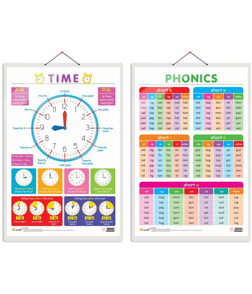     			Set of 2 TIME and PHONICS - 1 Early Learning Educational Charts for Kids | 20"X30" inch |Non-Tearable and Waterproof | Double Sided Laminated | Perfect for Homeschooling, Kindergarten and Nursery Students