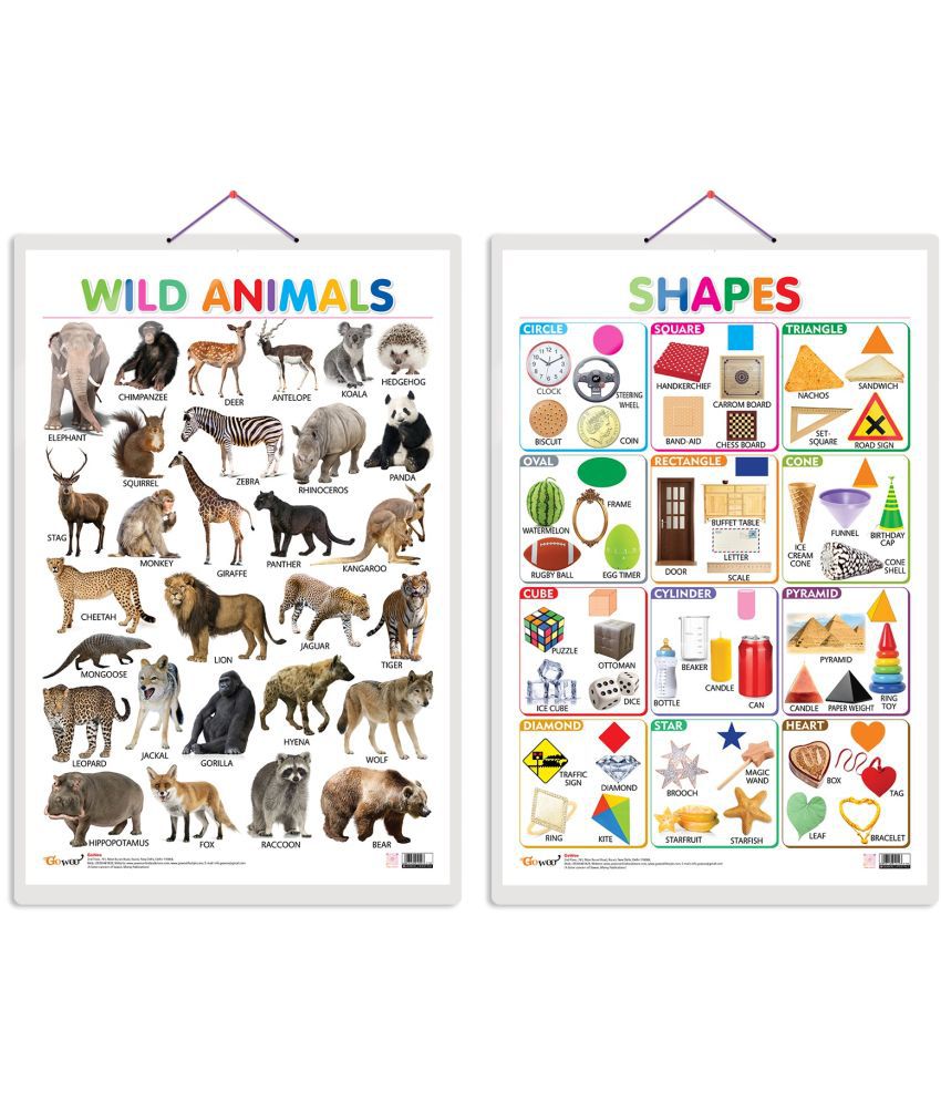     			Set of 2 Wild Animals and Shapes Early Learning Educational Charts for Kids | 20"X30" inch |Non-Tearable and Waterproof | Double Sided Laminated | Perfect for Homeschooling, Kindergarten and Nursery Students