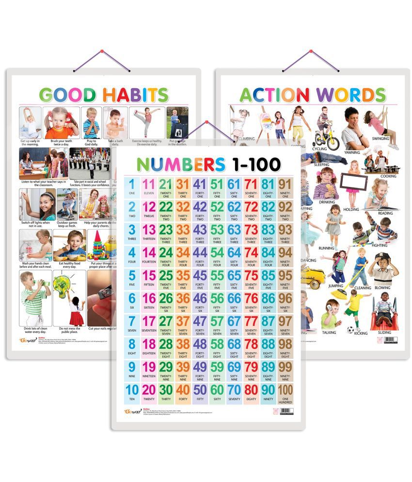     			Set of 3 Good Habits, Action Words and Numbers 1-100 Early Learning Educational Charts for Kids | 20"X30" inch |Non-Tearable and Waterproof | Double Sided Laminated | Perfect for Homeschooling, Kindergarten and Nursery Students