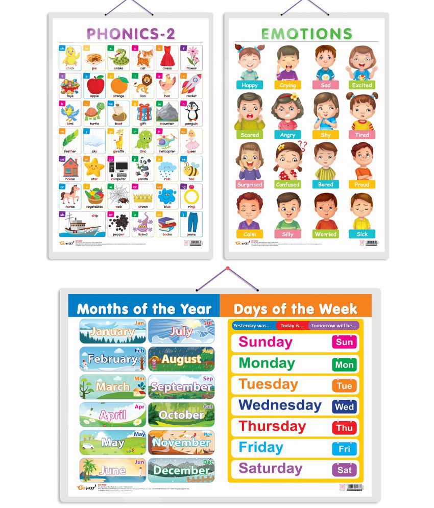     			Set of 3 MONTHS OF THE YEAR AND DAYS OF THE WEEK, EMOTIONS and PHONICS - 2 Early Learning Educational Charts for Kids | 20"X30" inch |Non-Tearable and Waterproof | Double Sided Laminated | Perfect for Homeschooling, Kindergarten and Nursery Students