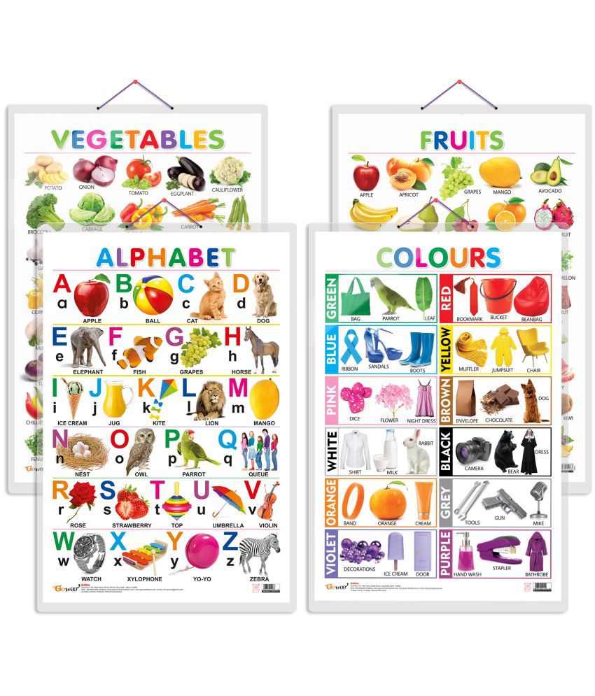     			Set of 4 Alphabet, Fruits, Vegetables and Colours Early Learning Educational Charts for Kids | 20"X30" inch |Non-Tearable and Waterproof | Double Sided Laminated | Perfect for Homeschooling, Kindergarten and Nursery Students
