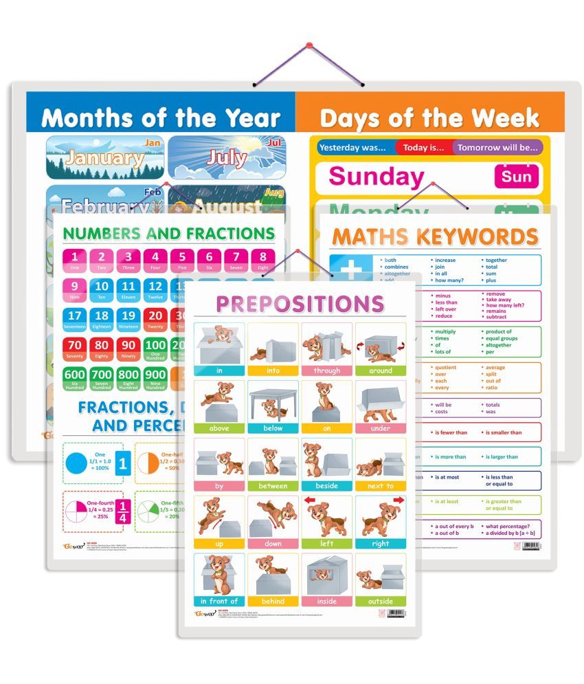     			Set of 4 NUMBERS AND FRACTIONS, MATHS KEYWORDS, MONTHS OF THE YEAR AND DAYS OF THE WEEK and PREPOSITIONS Early Learning Educational Charts for Kids