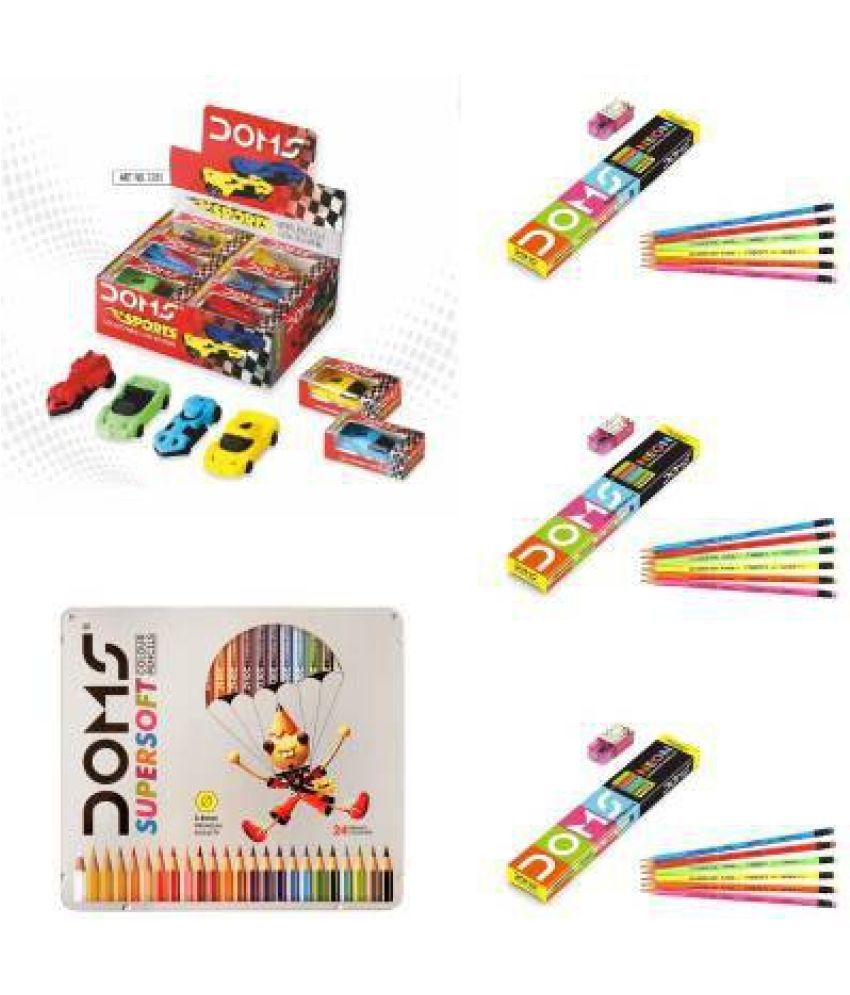     			Doms Sports Car Eraser (Pack Of 12) + Neon Rubber Tipped (3 Boxes) + Colour Pencil Flat Tin Pack 24 Shades
