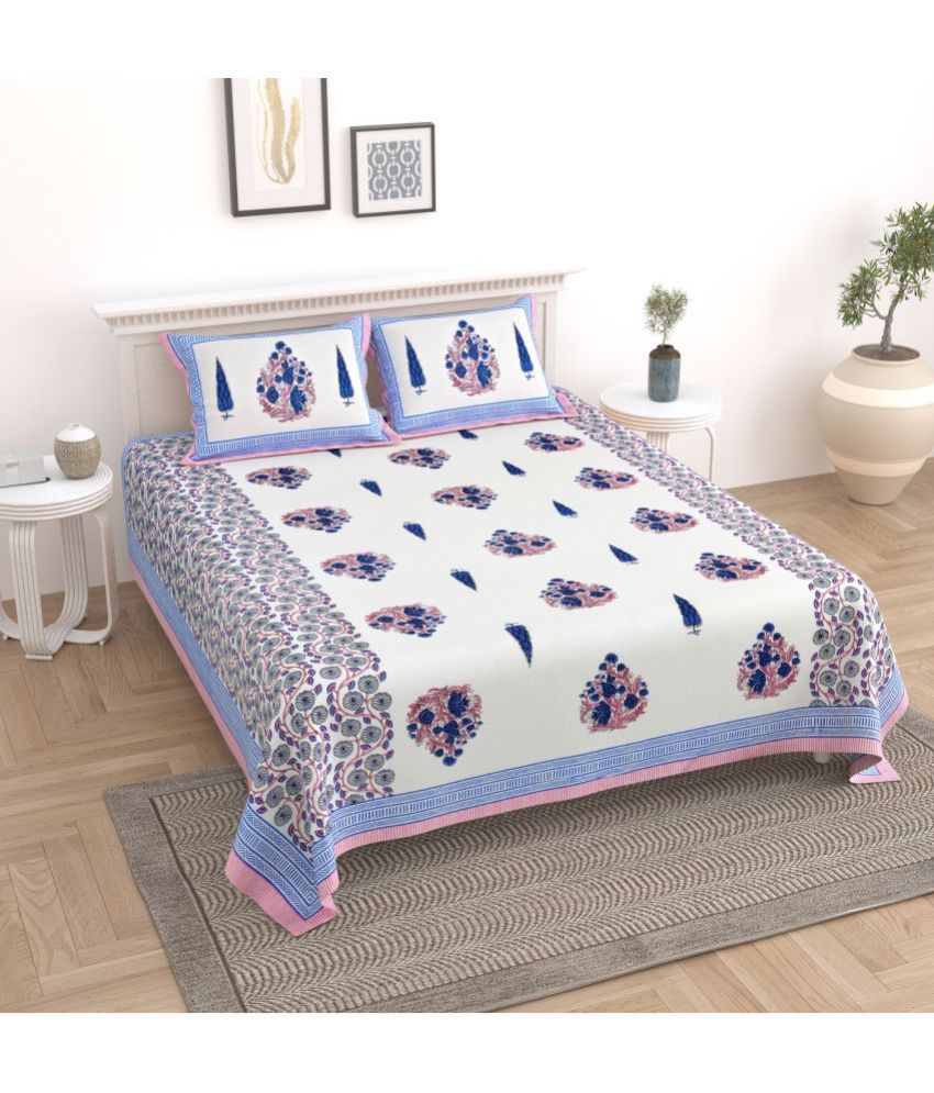     			Uniqchoice Cotton Floral King Size Bedsheet With 2 Pillow Covers - Blue