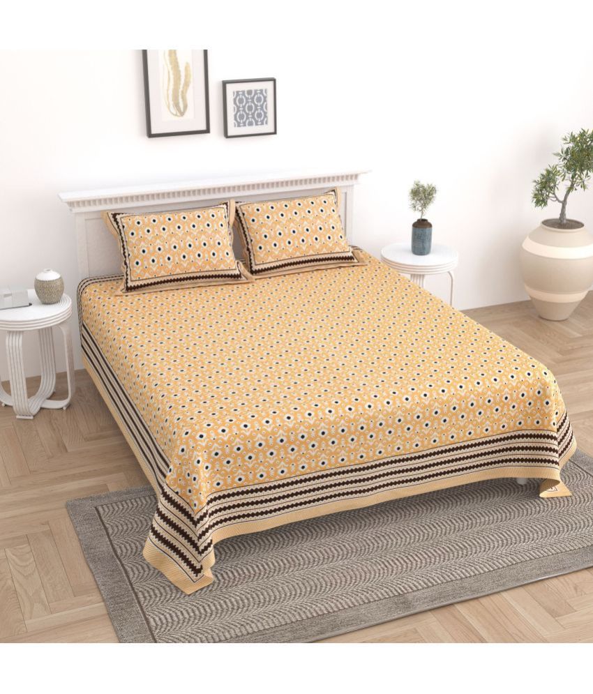     			Uniqchoice Cotton Floral King Size Bedsheet With 2 Pillow Covers - Yellow