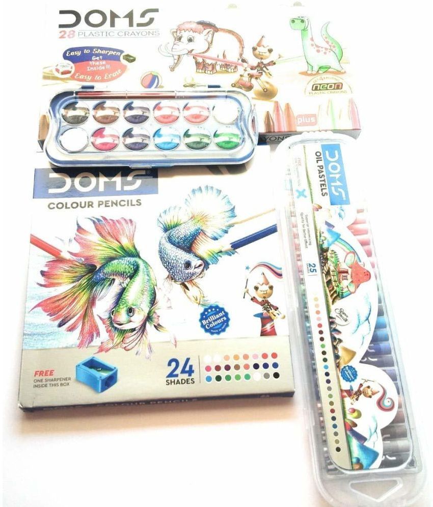     			Doms Combo Pack 28 Shades Plastic Crayons |1 Neon Eraser,1 Sharpner| 24 Shades Pencil Colour| 25 Shades Oil Pastels| 1Scrapping Tool| 12 Shades Water Colour 23Mm And Paint Brsh