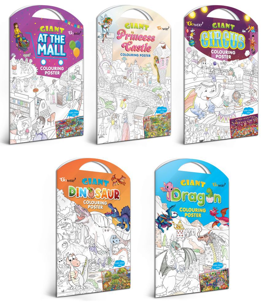     			GIANT AT THE MALL COLOURING POSTER, GIANT PRINCESS CASTLE COLOURING POSTER, GIANT CIRCUS COLOURING POSTER, GIANT DINOSAUR COLOURING POSTER and GIANT DRAGON COLOURING POSTER | Pack of 5 Posters I Happy Coloring Set