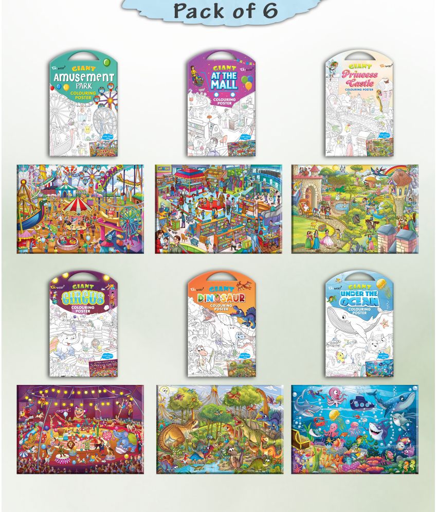     			GIANT AT THE MALL COLOURING , GIANT PRINCESS CASTLE COLOURING , GIANT CIRCUS COLOURING , GIANT DINOSAUR COLOURING , GIANT AMUSEMENT PARK COLOURING  and GIANT UNDER THE OCEAN COLOURING  | Gift Pack of 6 s I best birthday gift for children