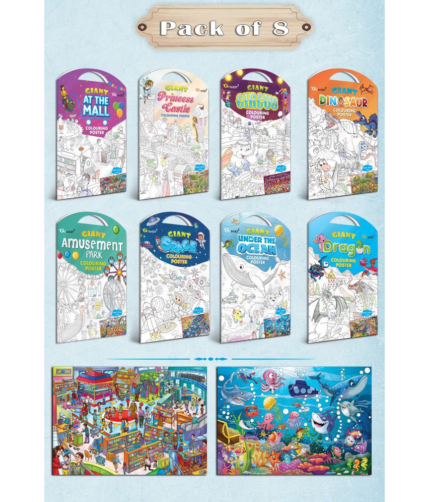     			GIANT AT THE MALL, GIANT PRINCESS CASTLE, GIANT CIRCUS, GIANT DINOSAUR, GIANT AMUSEMENT PARK, GIANT SPACE, GIANT UNDER THE OCEAN   and GIANT DRAGON   | Gift Pack of 8 s I  Coloring s jumbo Pack