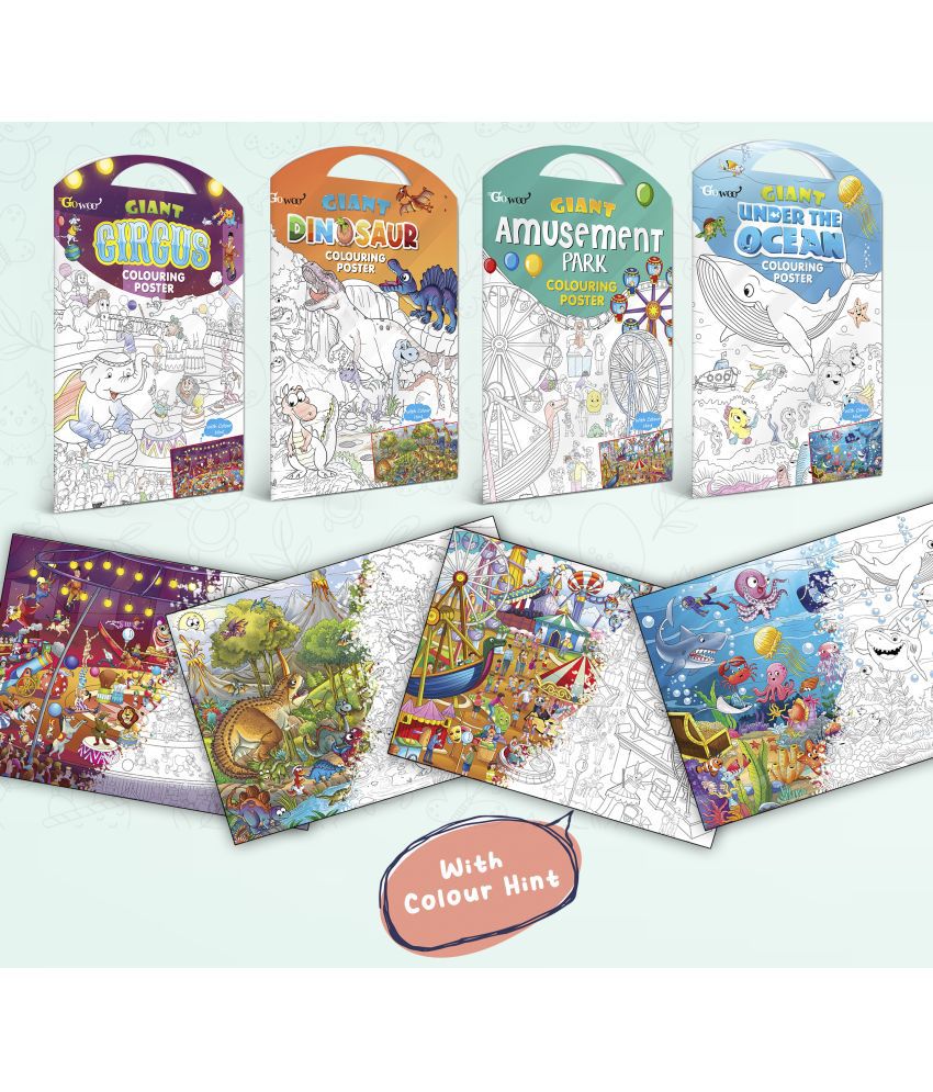     			GIANT CIRCUS COLOURING POSTER, GIANT DINOSAUR COLOURING POSTER, GIANT AMUSEMENT PARK COLOURING POSTER and GIANT UNDER THE OCEAN COLOURING POSTER | Gift Pack of 4 Posters I Exotic Escape Coloring Combo Set
