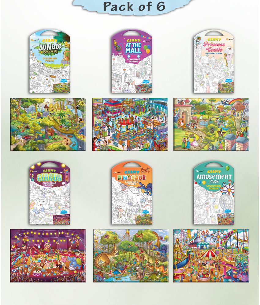     			GIANT JUNGLE SAFARI COLOURING , GIANT AT THE MALL COLOURING , GIANT PRINCESS CASTLE COLOURING , GIANT CIRCUS COLOURING , GIANT DINOSAUR COLOURING  and GIANT AMUSEMENT PARK COLOURING  | Combo pack of 6 s I Giant Coloring s Jumbo Pack