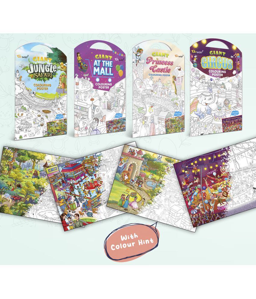     			GIANT JUNGLE SAFARI COLOURING POSTER, GIANT AT THE MALL COLOURING POSTER, GIANT PRINCESS CASTLE COLOURING POSTER and GIANT CIRCUS COLOURING POSTER | Pack of 4 Posters I Art Therapy Coloring Combo Set