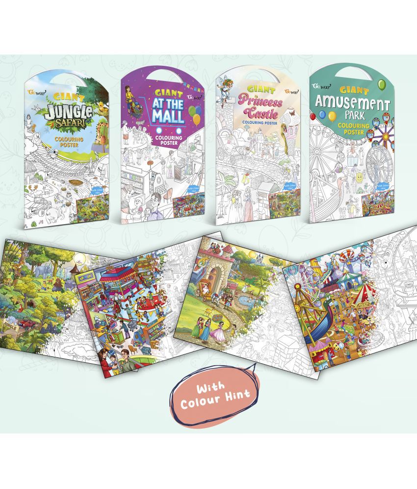     			GIANT JUNGLE SAFARI COLOURING POSTER, GIANT AT THE MALL COLOURING POSTER, GIANT PRINCESS CASTLE COLOURING POSTER and GIANT AMUSEMENT PARK COLOURING POSTER | Combo of 4 Posters I jumbo colouring poster for 9+